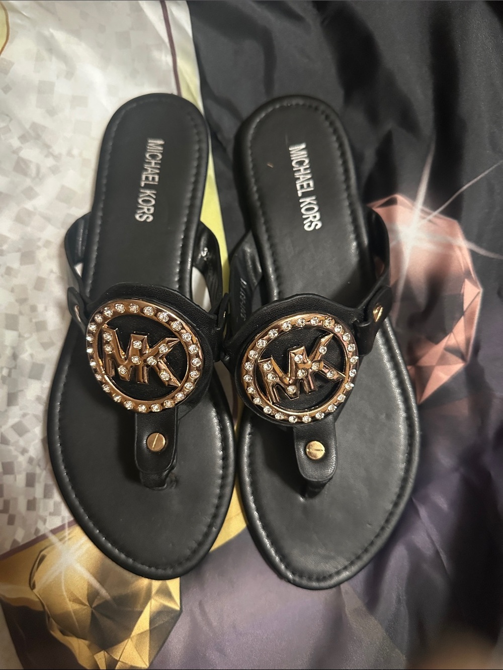 Michael Kors Black Sandal with Gold MK Medallion and Rhinestones